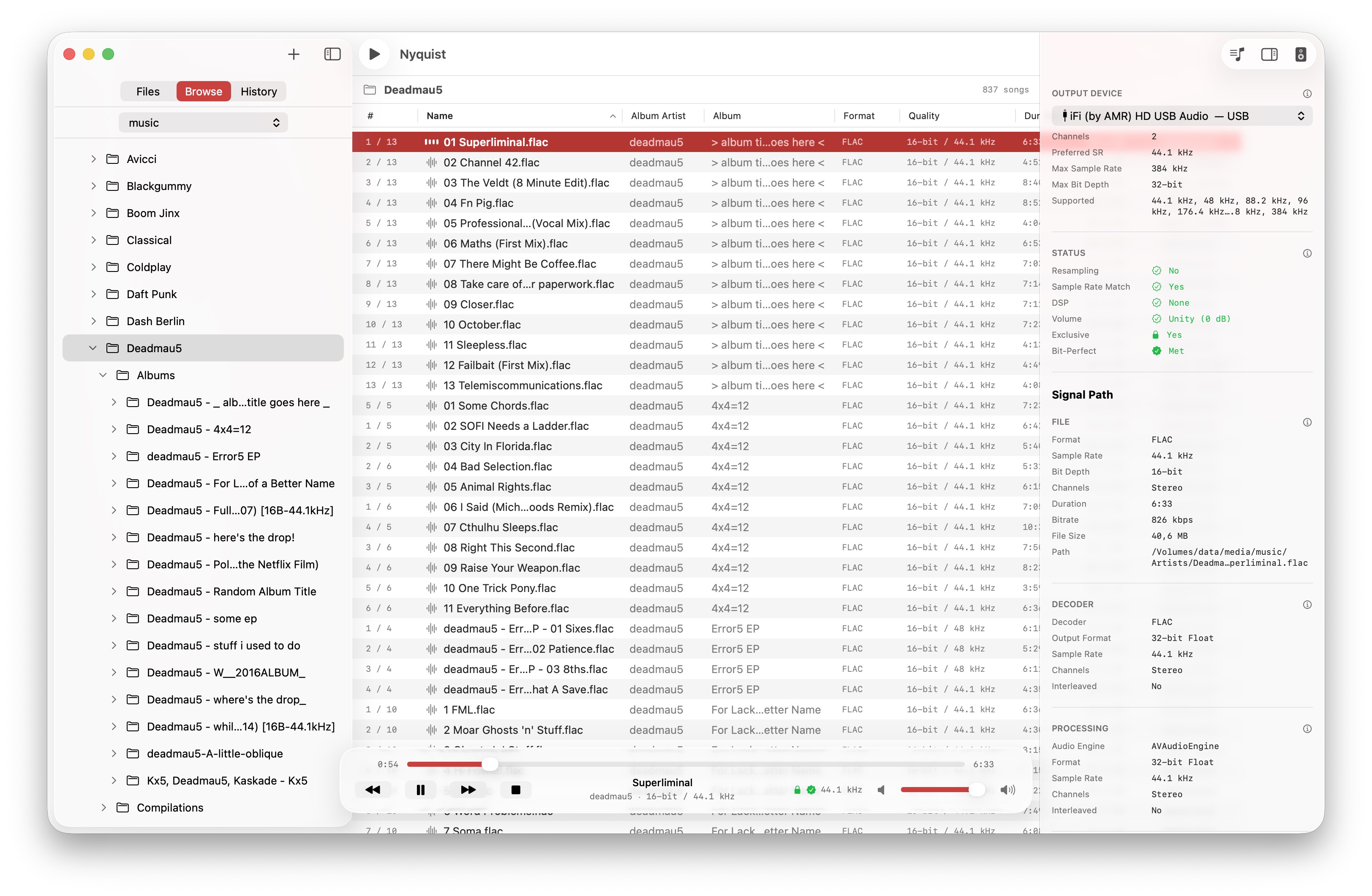 Nyquist Browse tab showing an album track list with format and quality columns alongside the signal-path inspector.