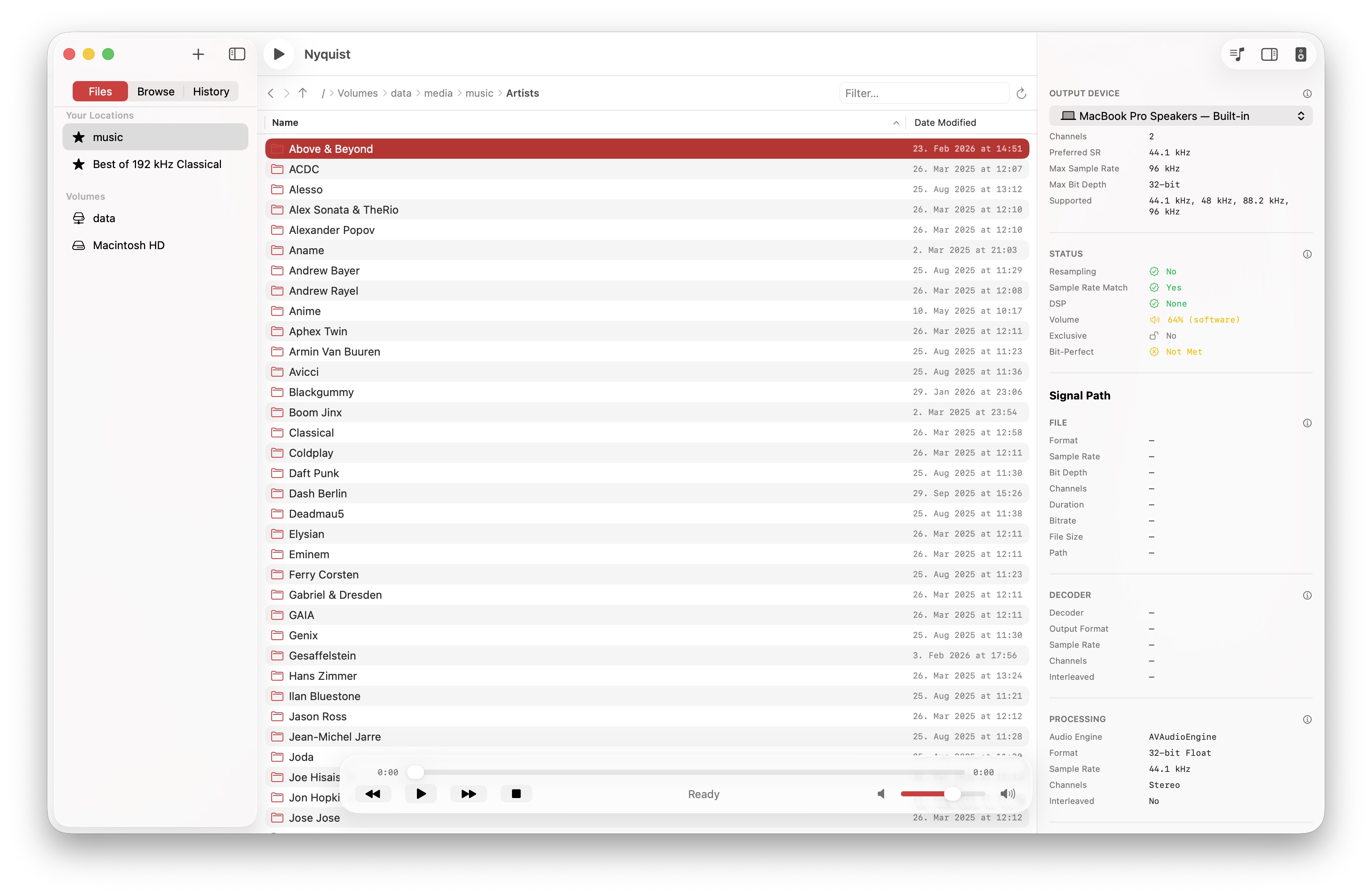 Nyquist Files tab showing a folder list of artists with a Date Modified column and the output-device and signal-path inspector on the right.