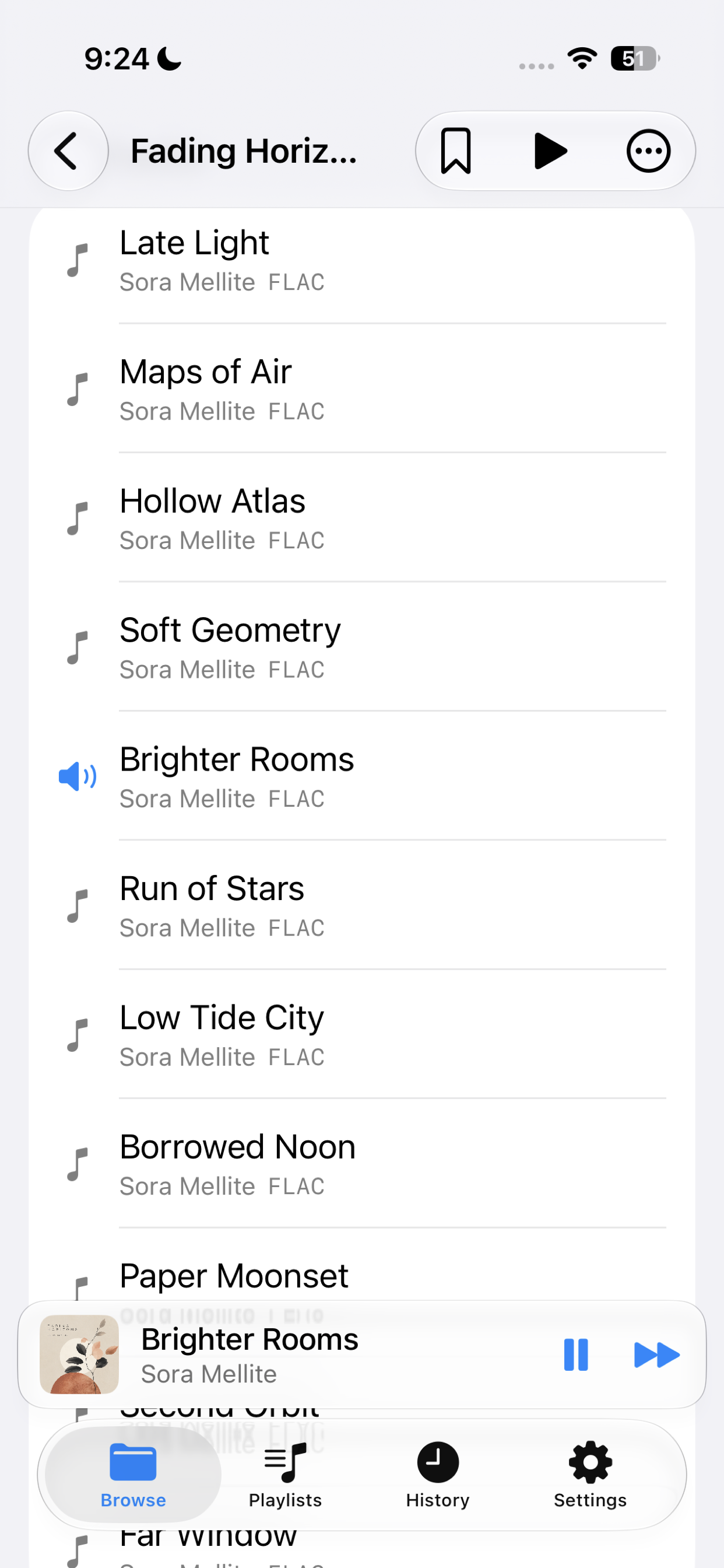 Nyquist on iPhone browsing an album track list with a pinned mini player and tab bar.