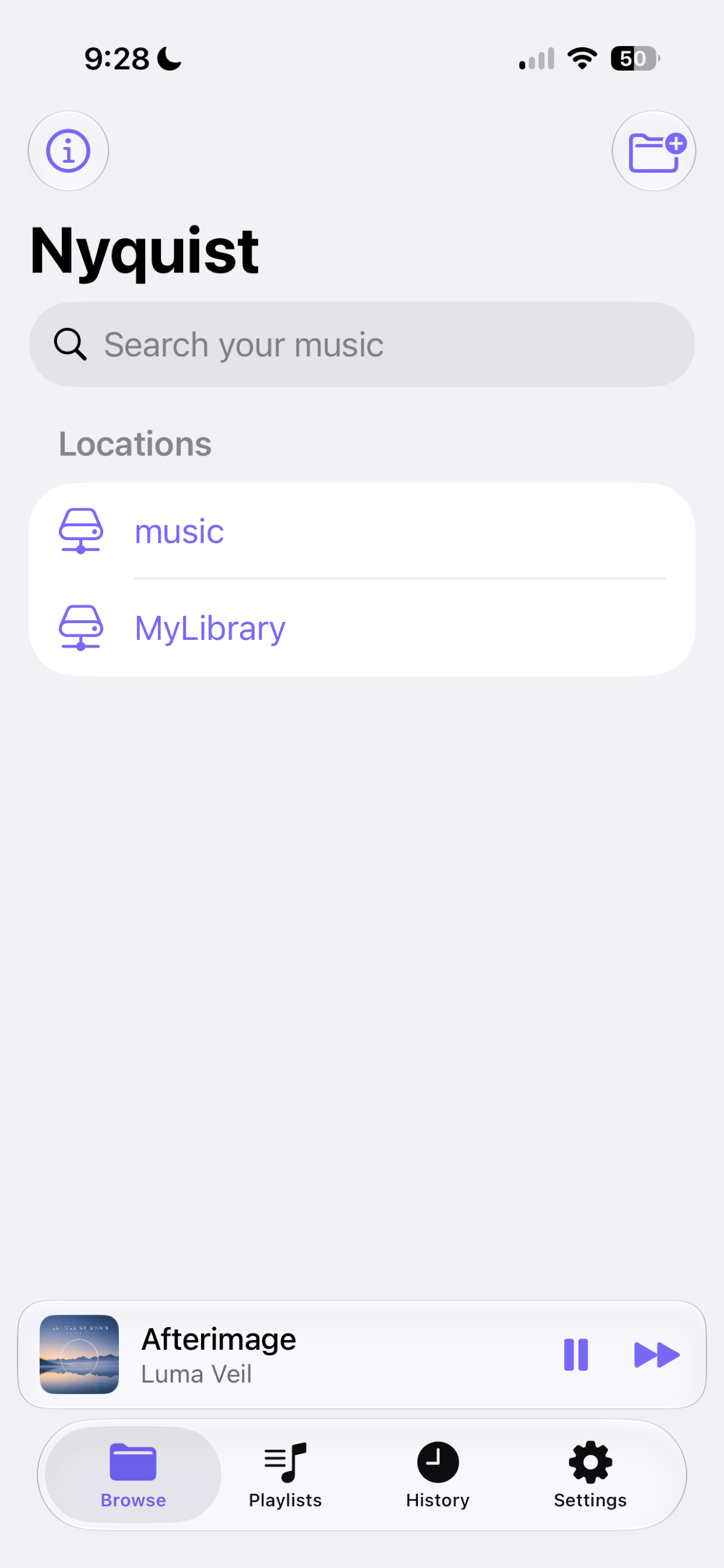 Nyquist on iPhone home screen showing saved local and NAS locations with a search field.