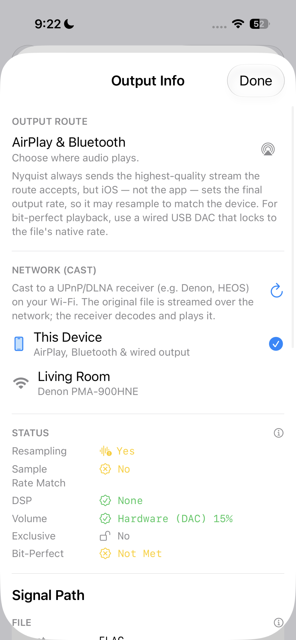 Nyquist on iPhone output picker showing AirPlay, Bluetooth, wired output, and a UPnP/DLNA network receiver.