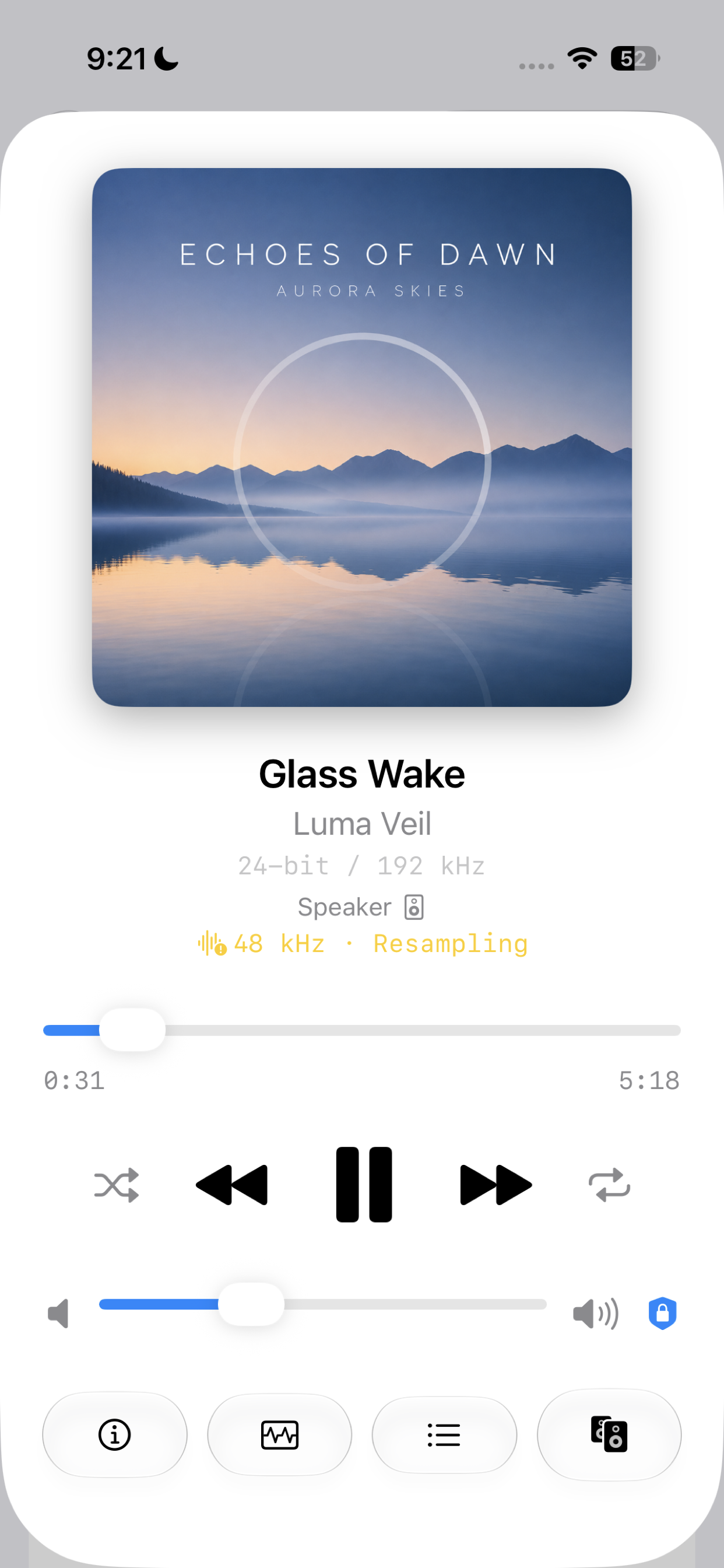 Nyquist on iPhone full now-playing screen with cover art, format, output route, and resampling status.