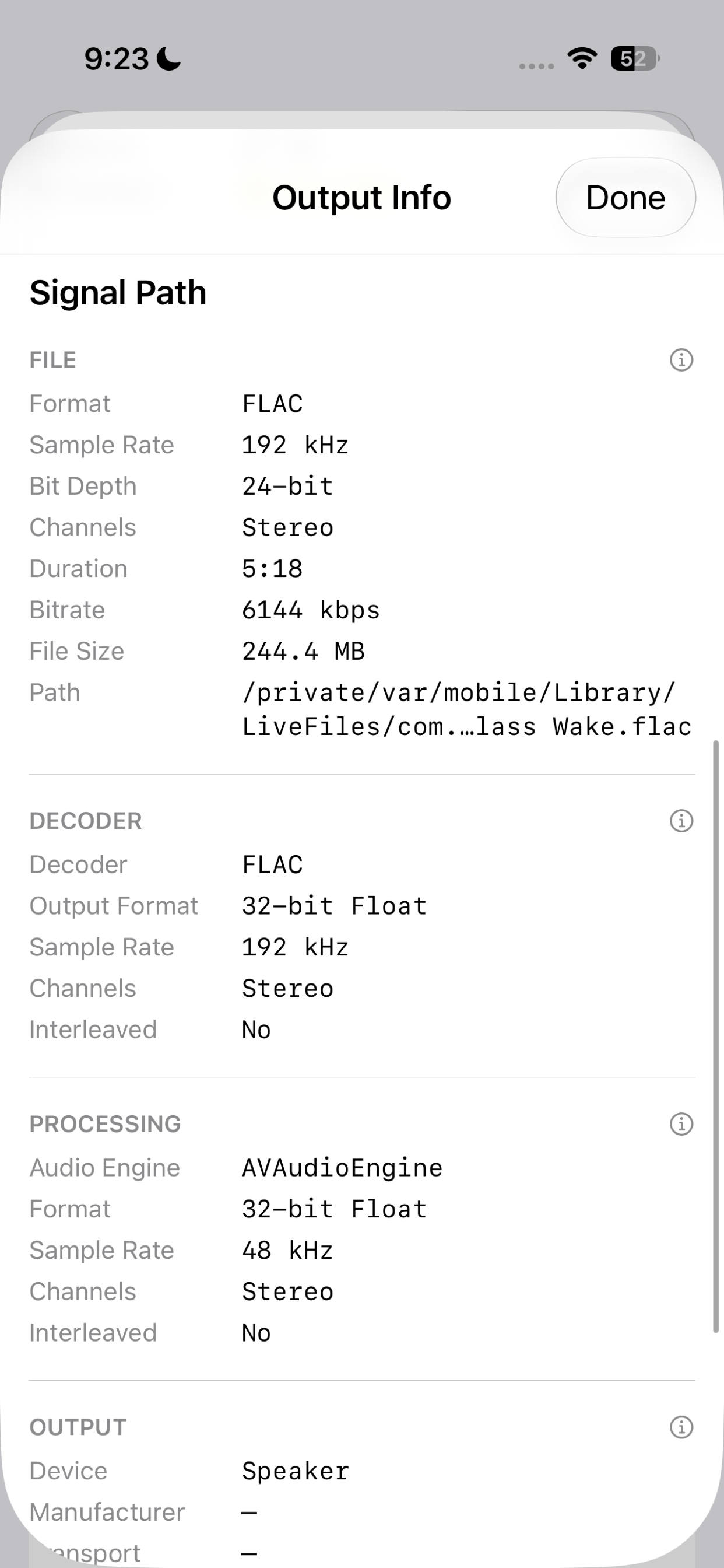 Nyquist on iPhone signal-path view listing file, decoder, processing, and output stages.