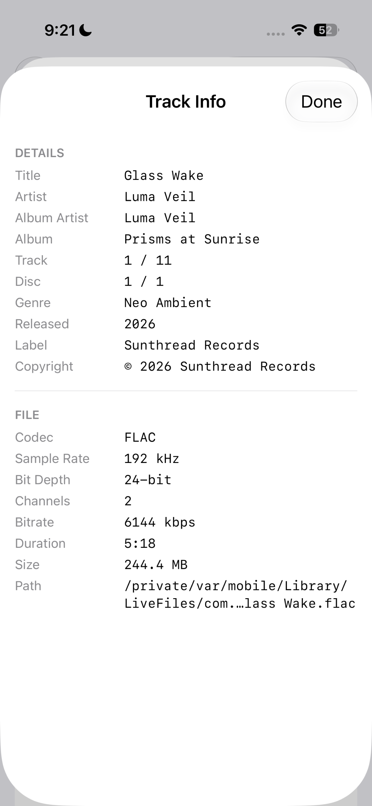 Nyquist on iPhone track-info screen with complete metadata and file details.