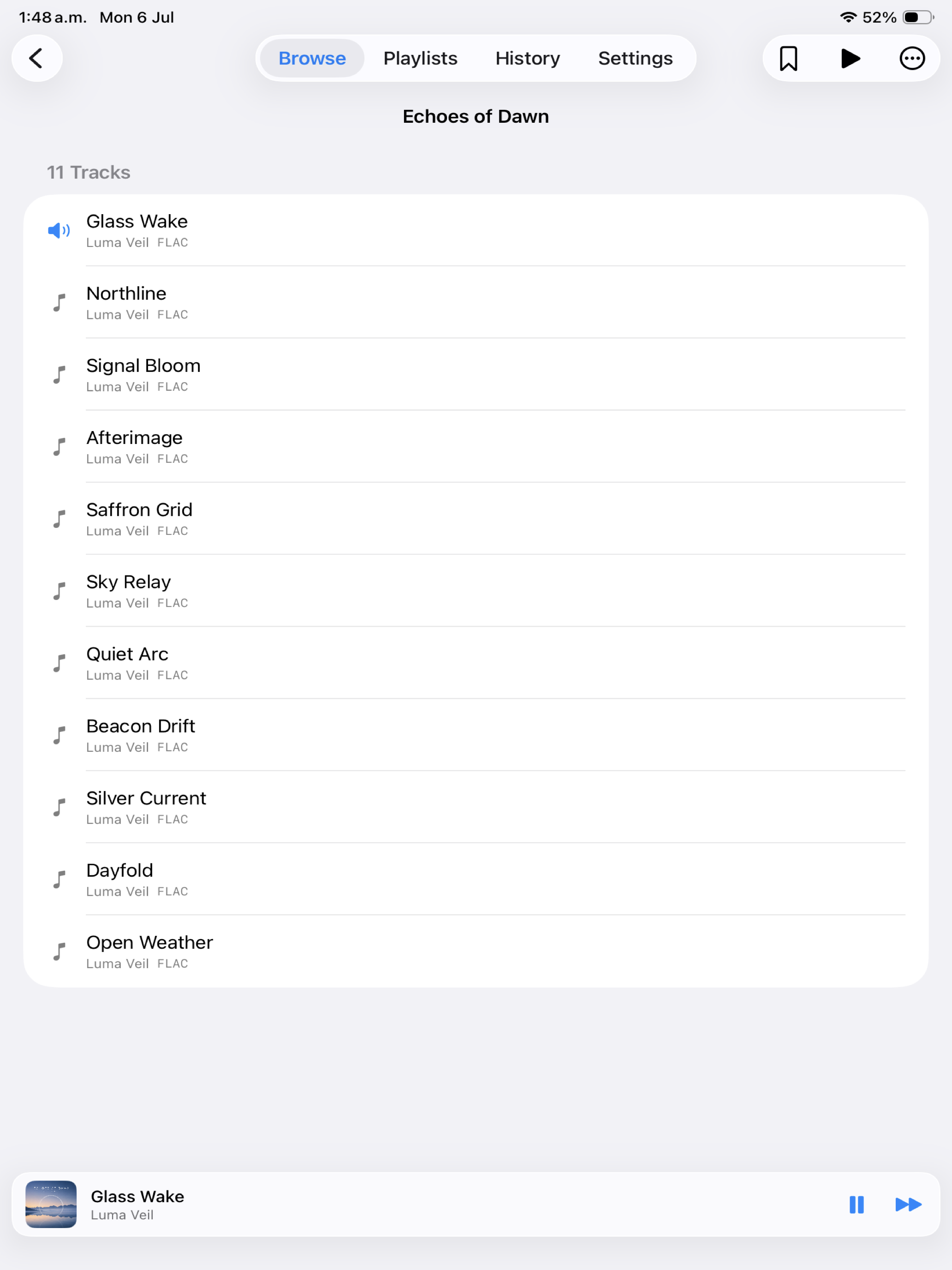 Nyquist on iPad browsing an album track list with a pinned mini player.
