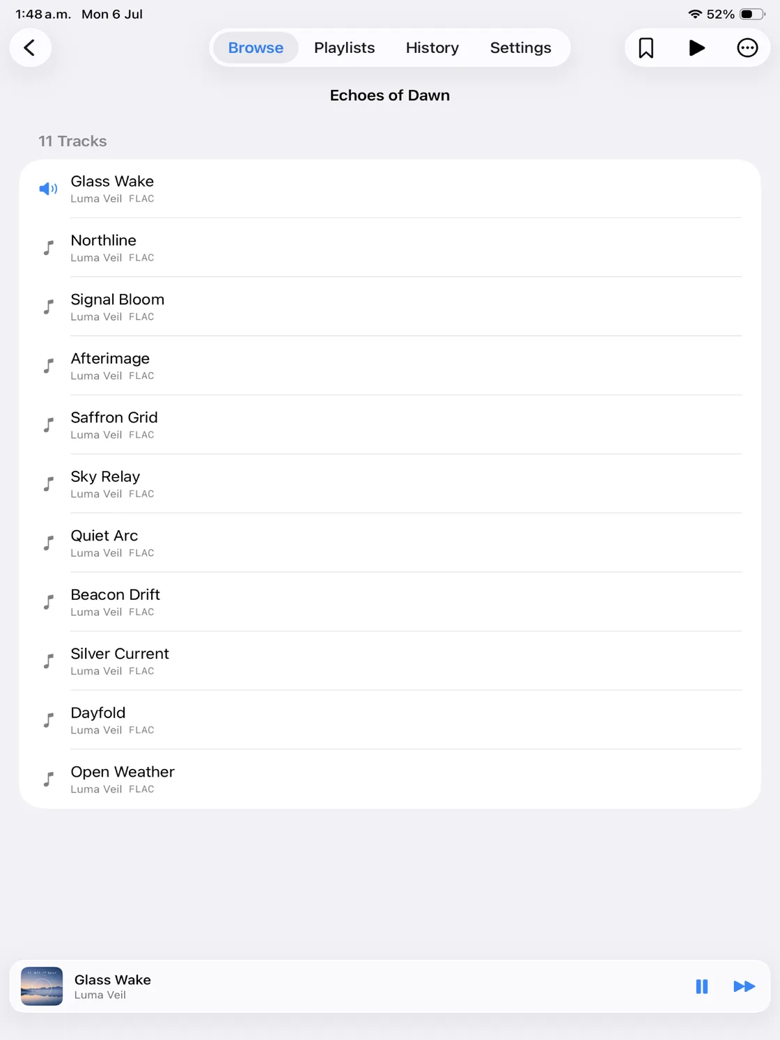 Nyquist on iPad browsing an album track list with a pinned mini player.