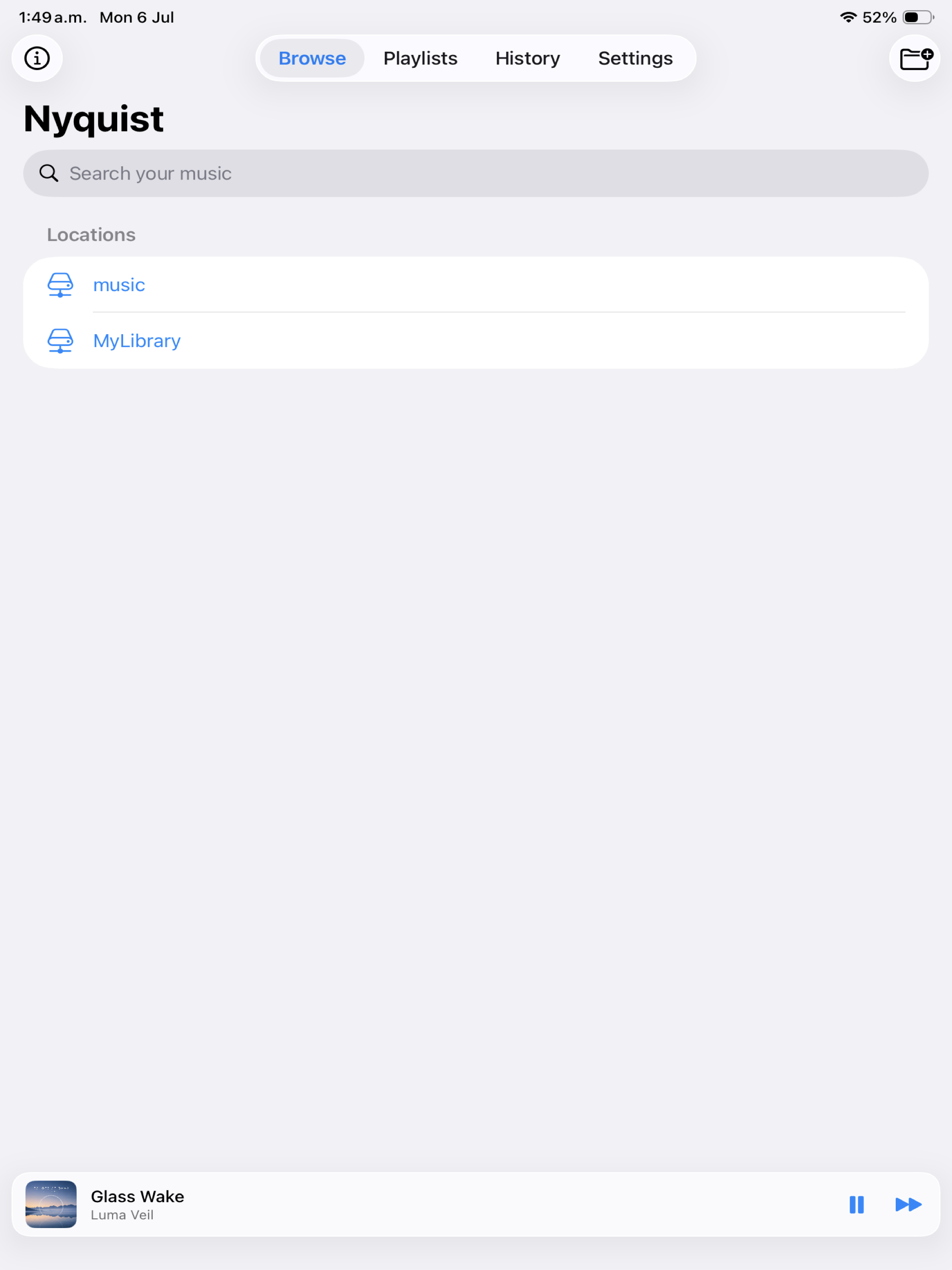 Nyquist on iPad home screen showing saved local and NAS locations with a search field.