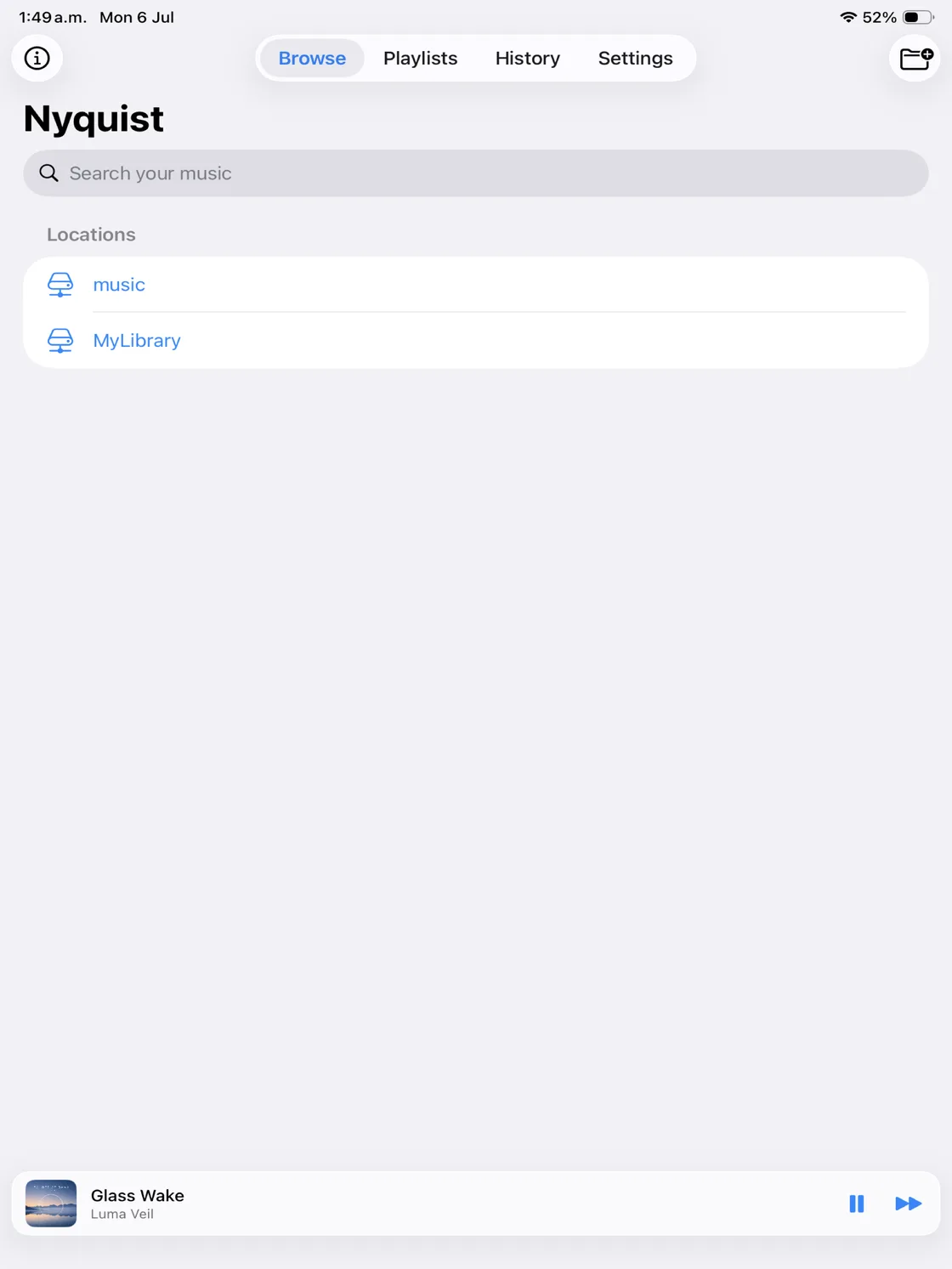 Nyquist on iPad home screen showing saved local and NAS locations with a search field.