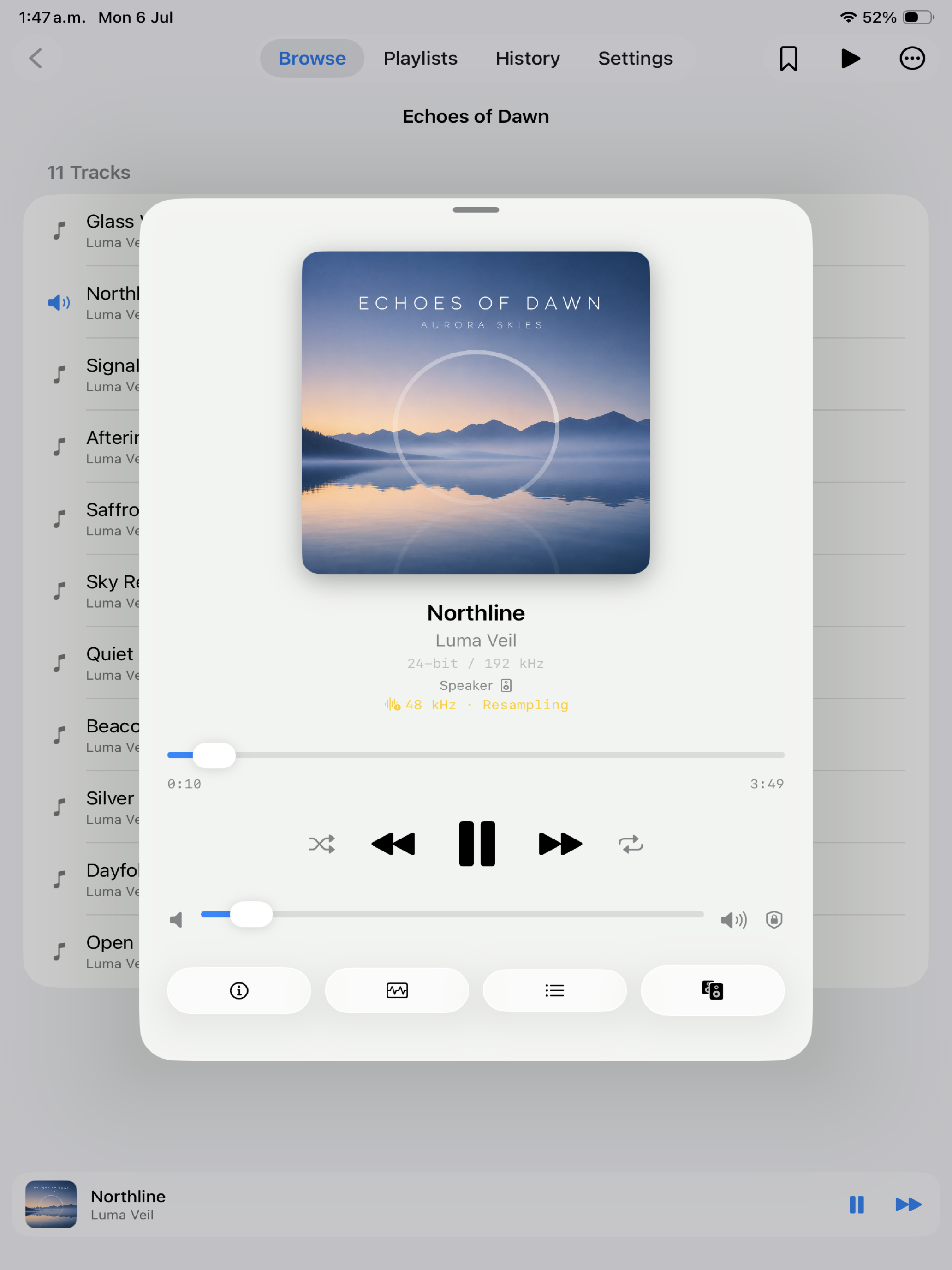 Nyquist on iPad full now-playing screen with cover art, output route, and resampling status.