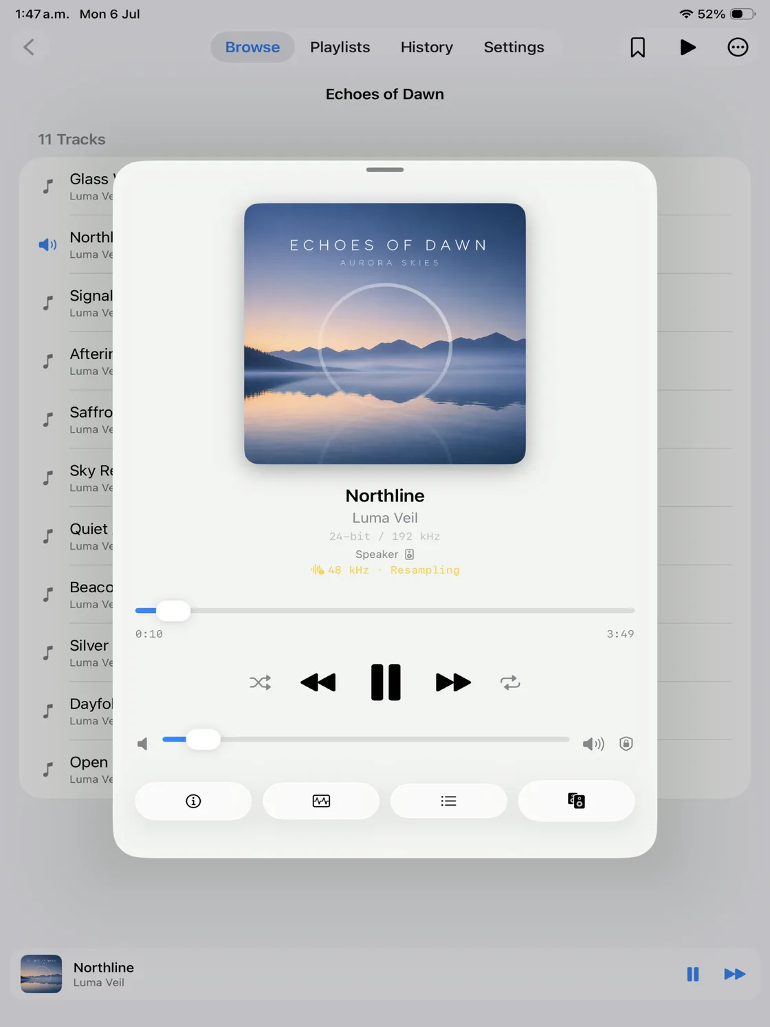 Nyquist on iPad full now-playing screen with cover art, output route, and resampling status.