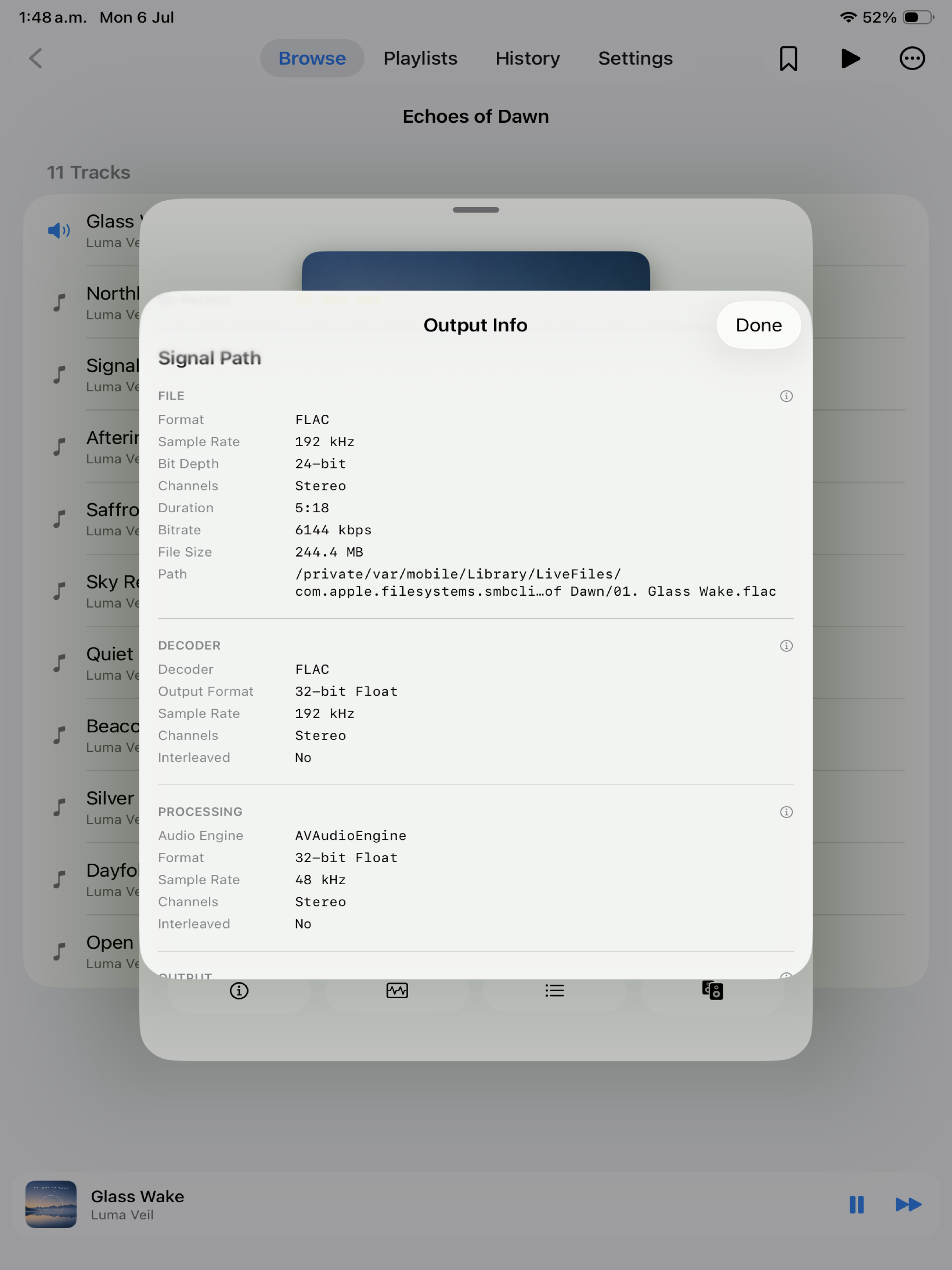 Nyquist on iPad signal-path view listing file, decoder, processing, and output stages.