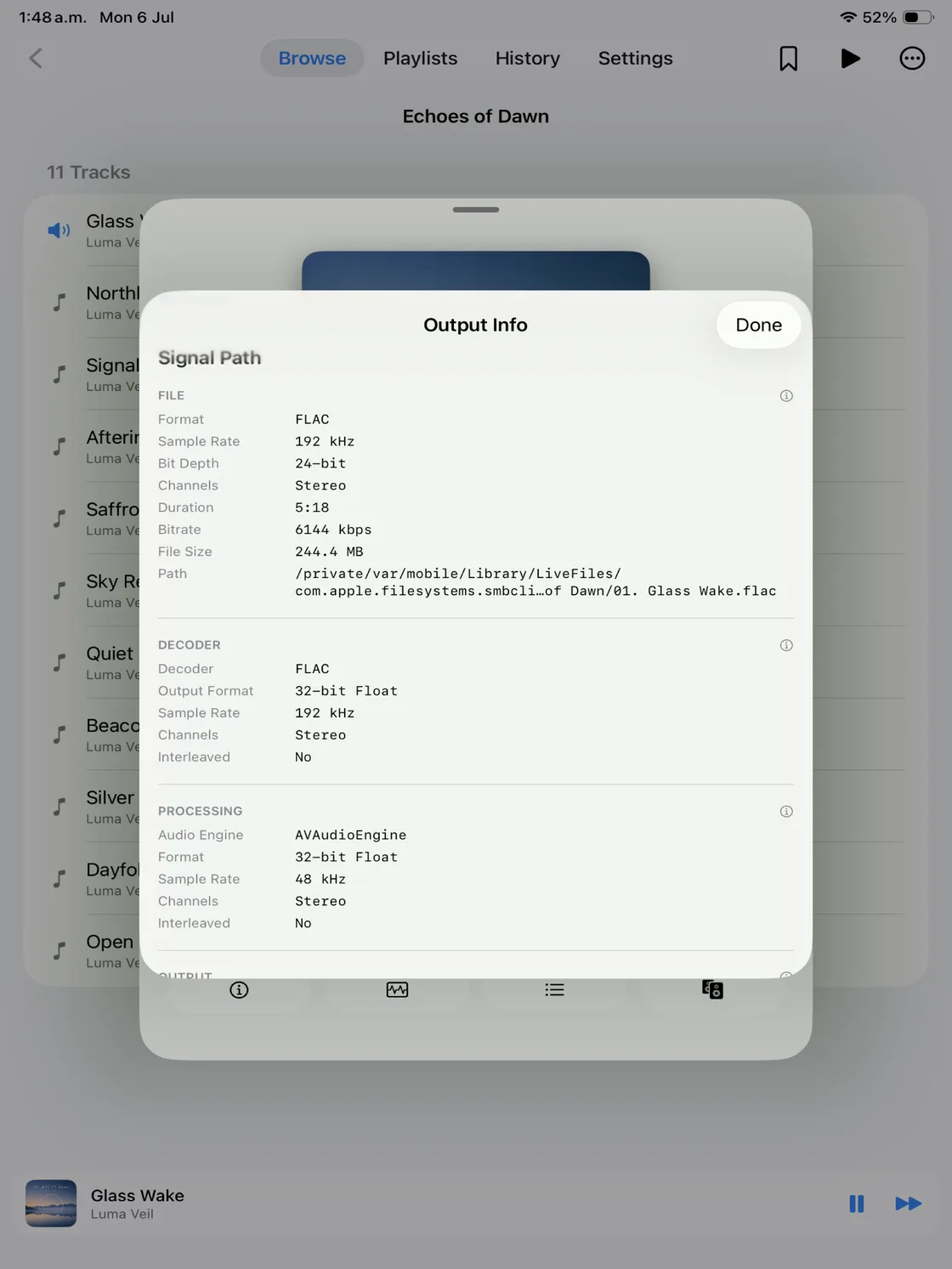 Nyquist on iPad signal-path view listing file, decoder, processing, and output stages.