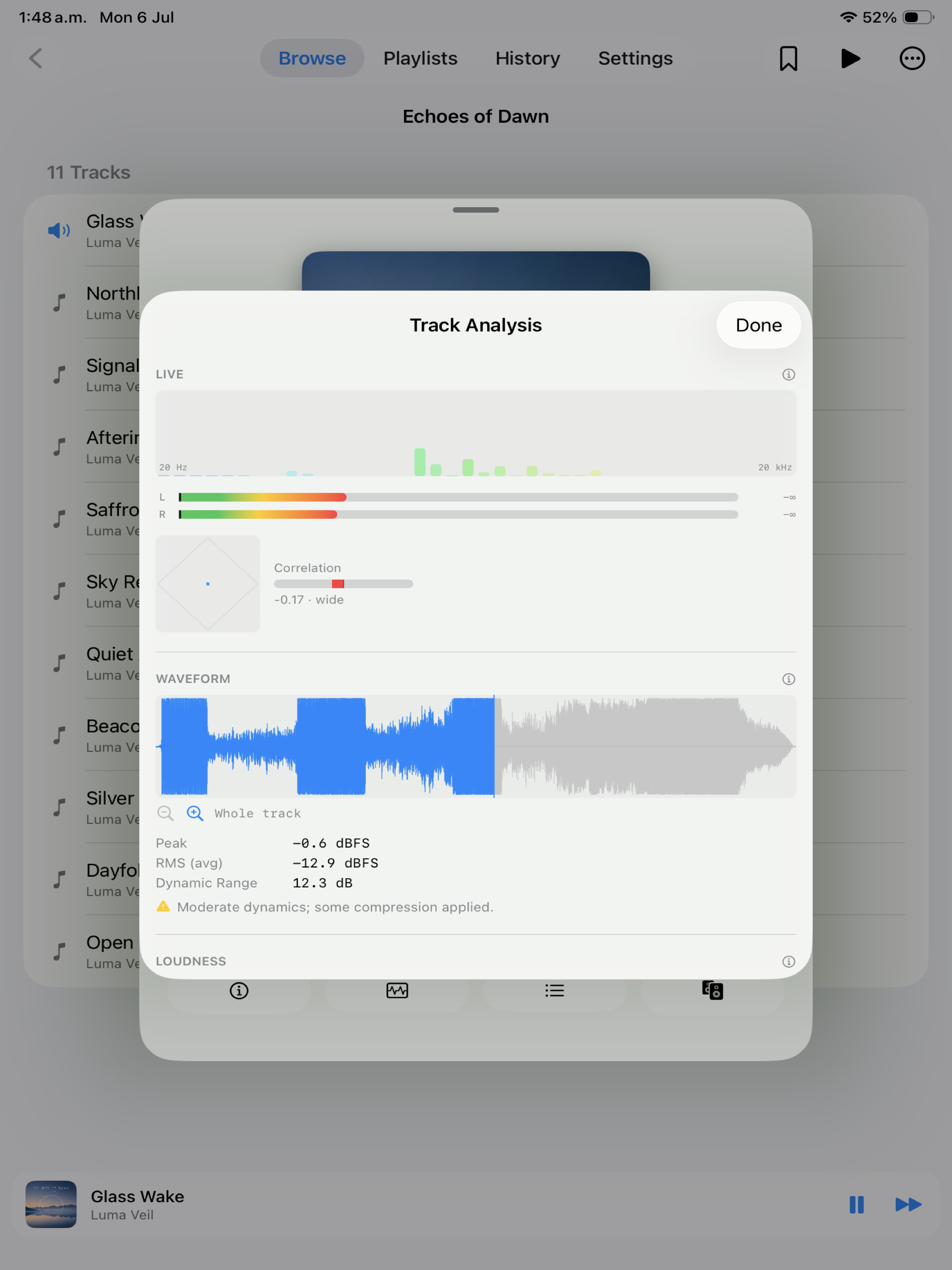 Nyquist on iPad track-analysis screen with a live spectrum, level meters, and waveform.