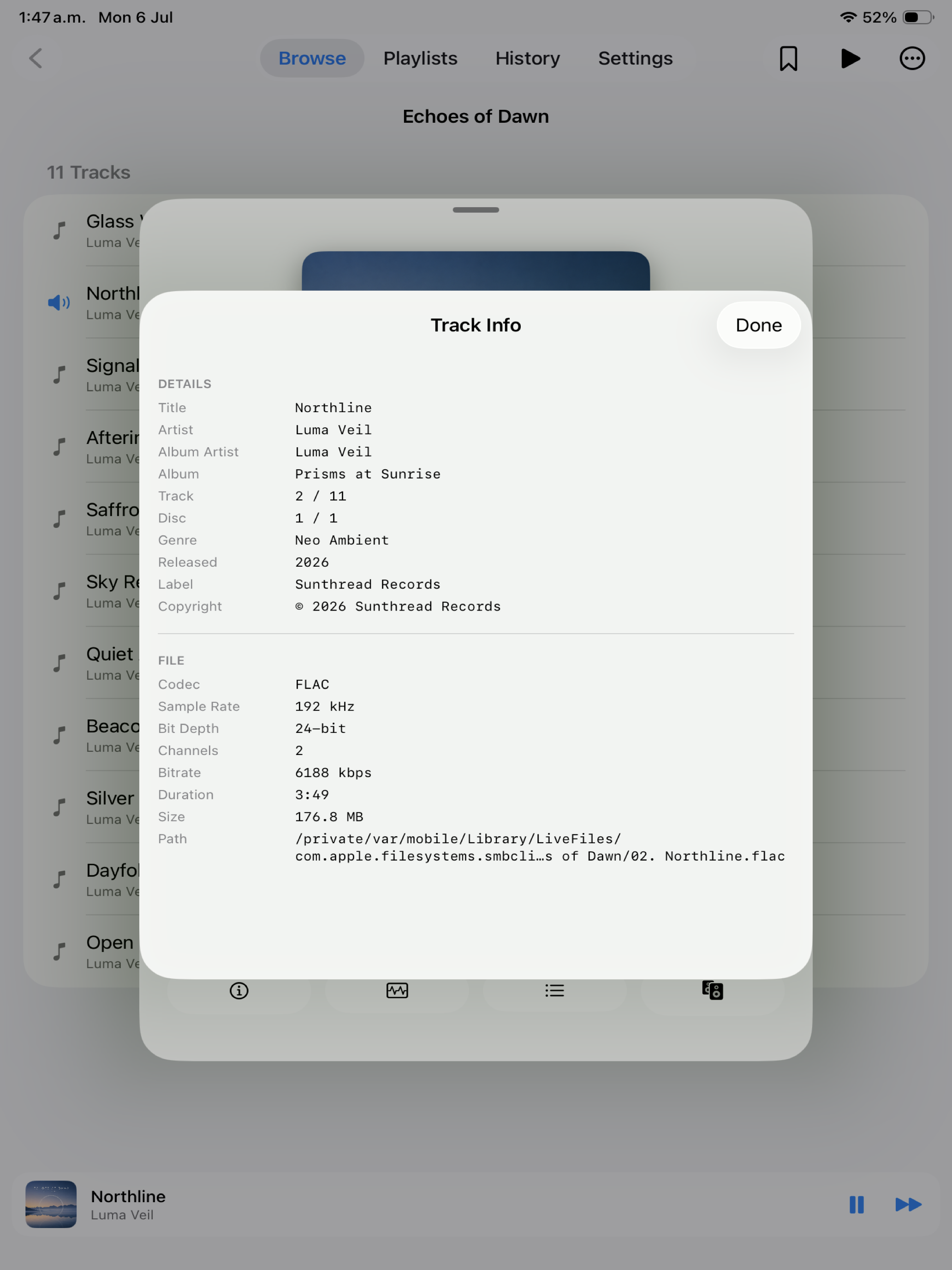 Nyquist on iPad track-info screen with complete metadata and file details.