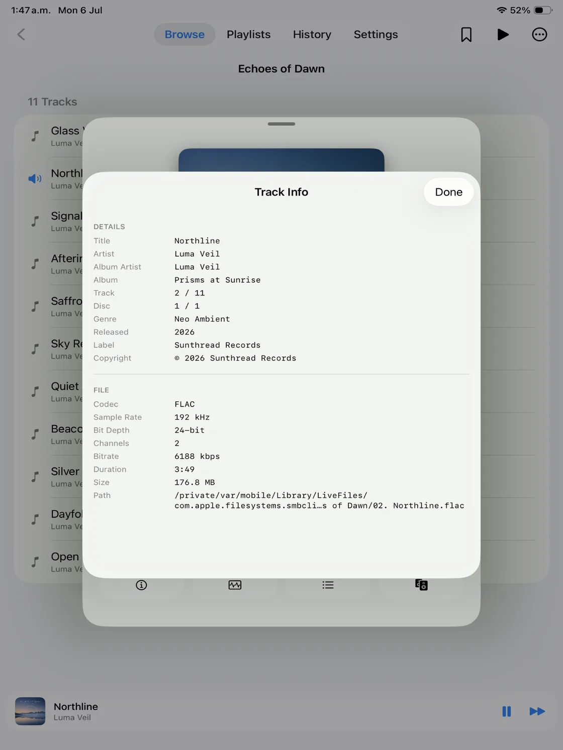 Nyquist on iPad track-info screen with complete metadata and file details.