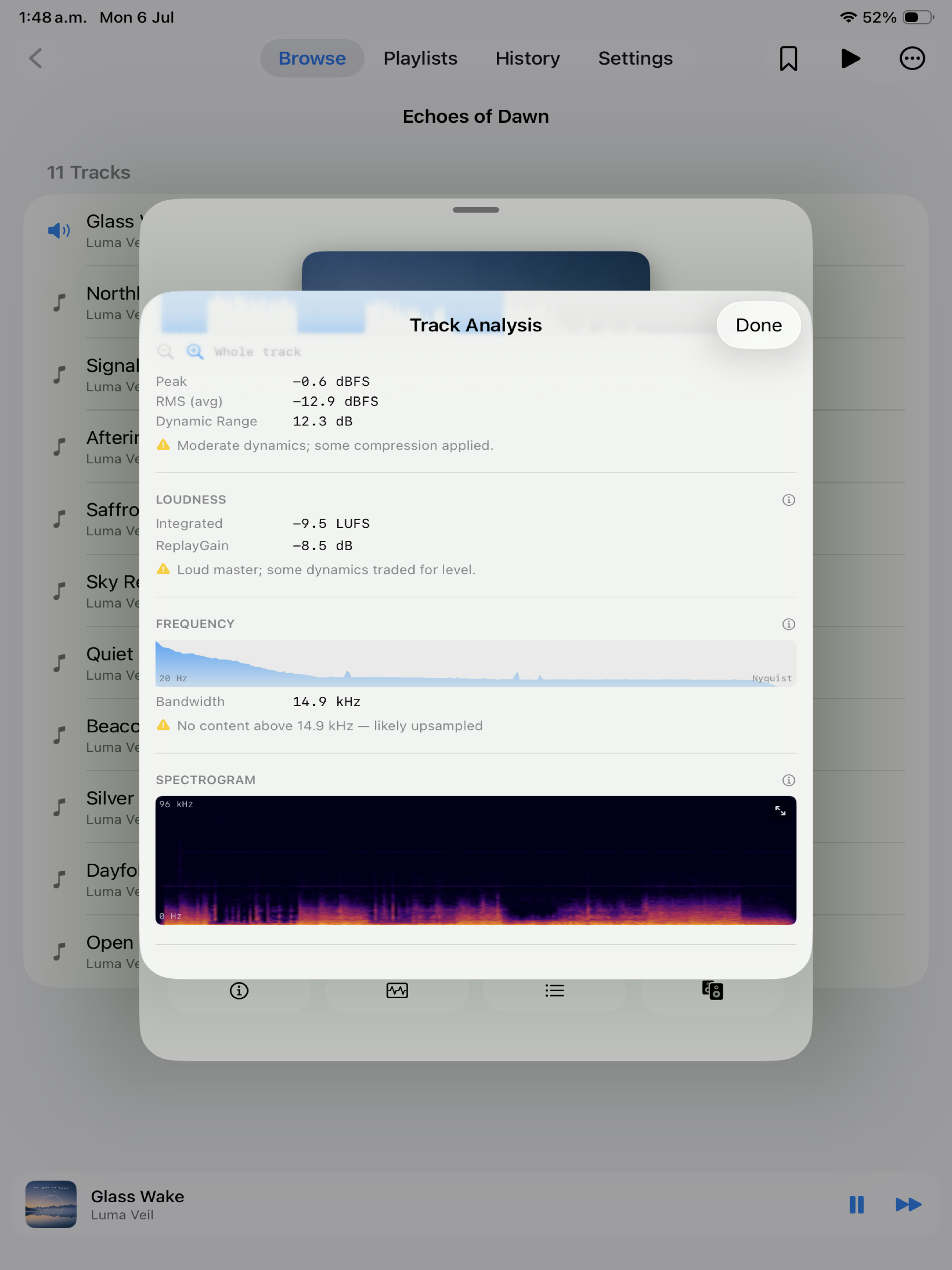 Nyquist on iPad showing a whole-track waveform with peak, RMS, dynamic range, and a spectrogram.