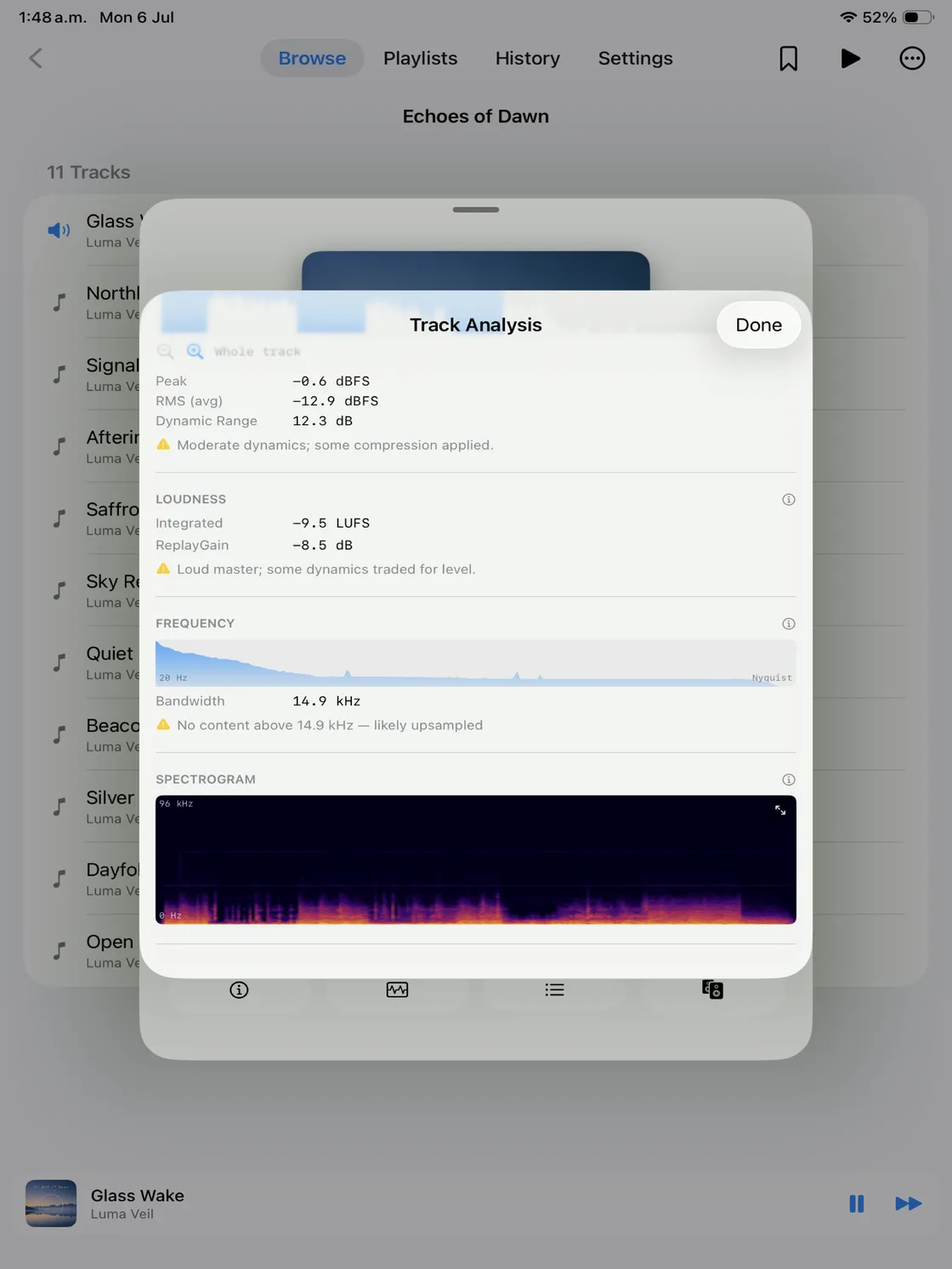 Nyquist on iPad showing a whole-track waveform with peak, RMS, dynamic range, and a spectrogram.