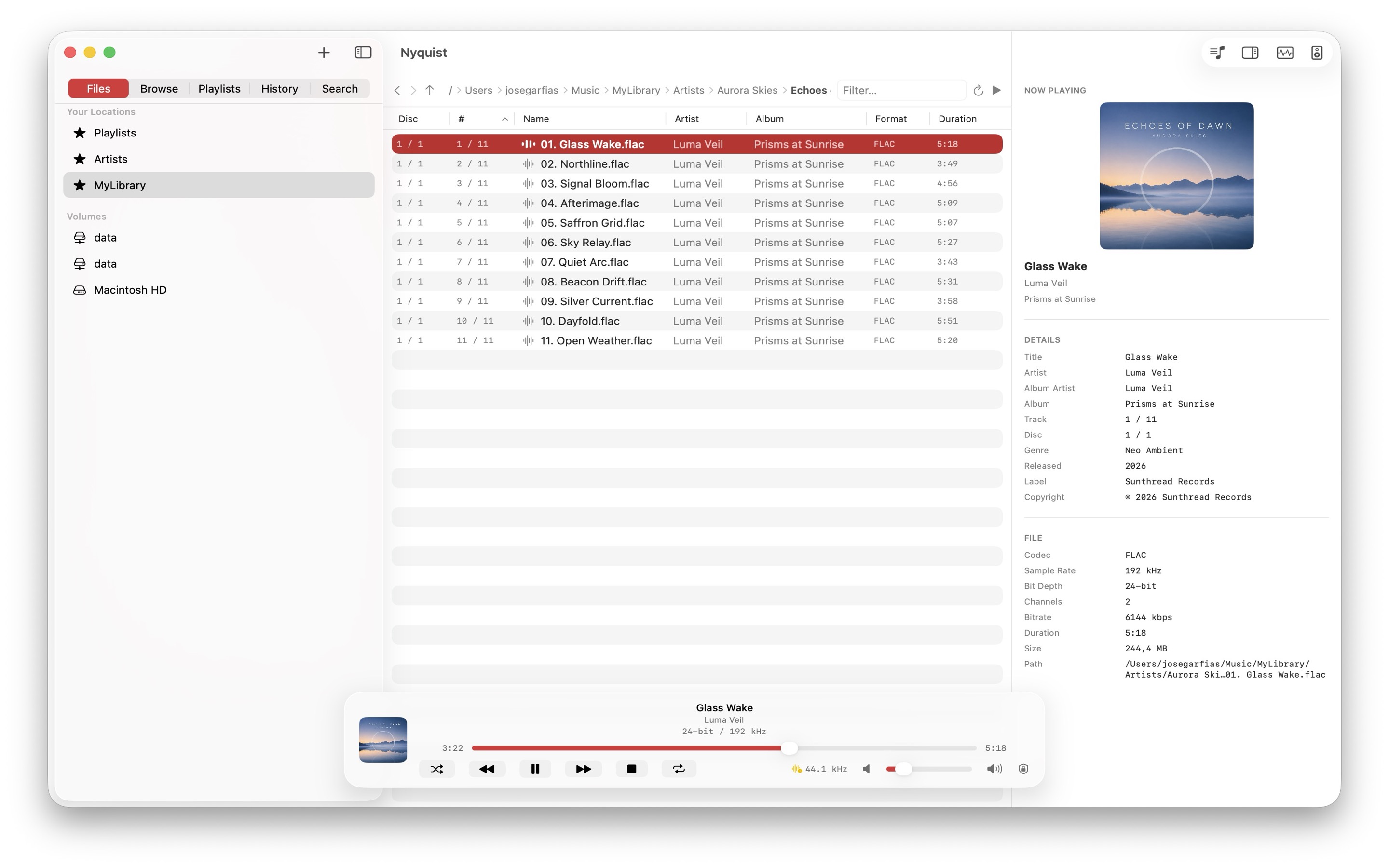 Nyquist on macOS browsing an album track list with format, quality, and duration columns and a full metadata inspector.