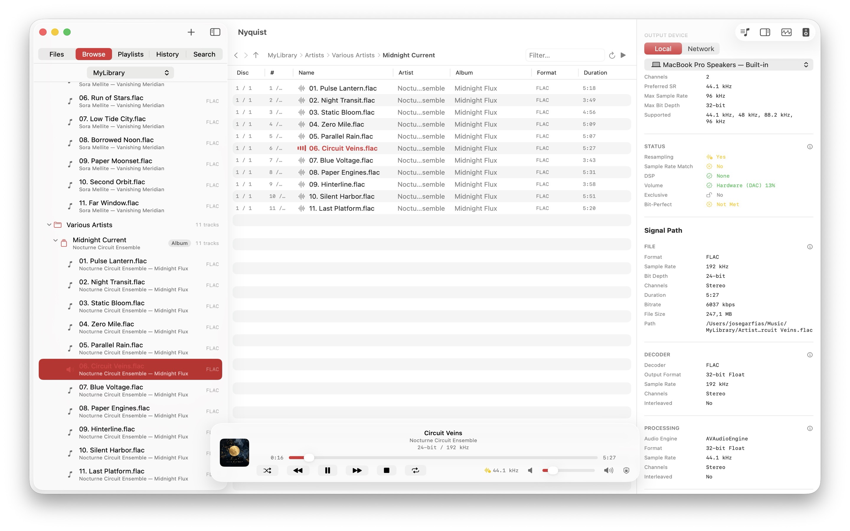 Nyquist on macOS showing an album track list of FLAC files with the live output-device and signal-path inspector reporting the sample rate and bit-perfect status.