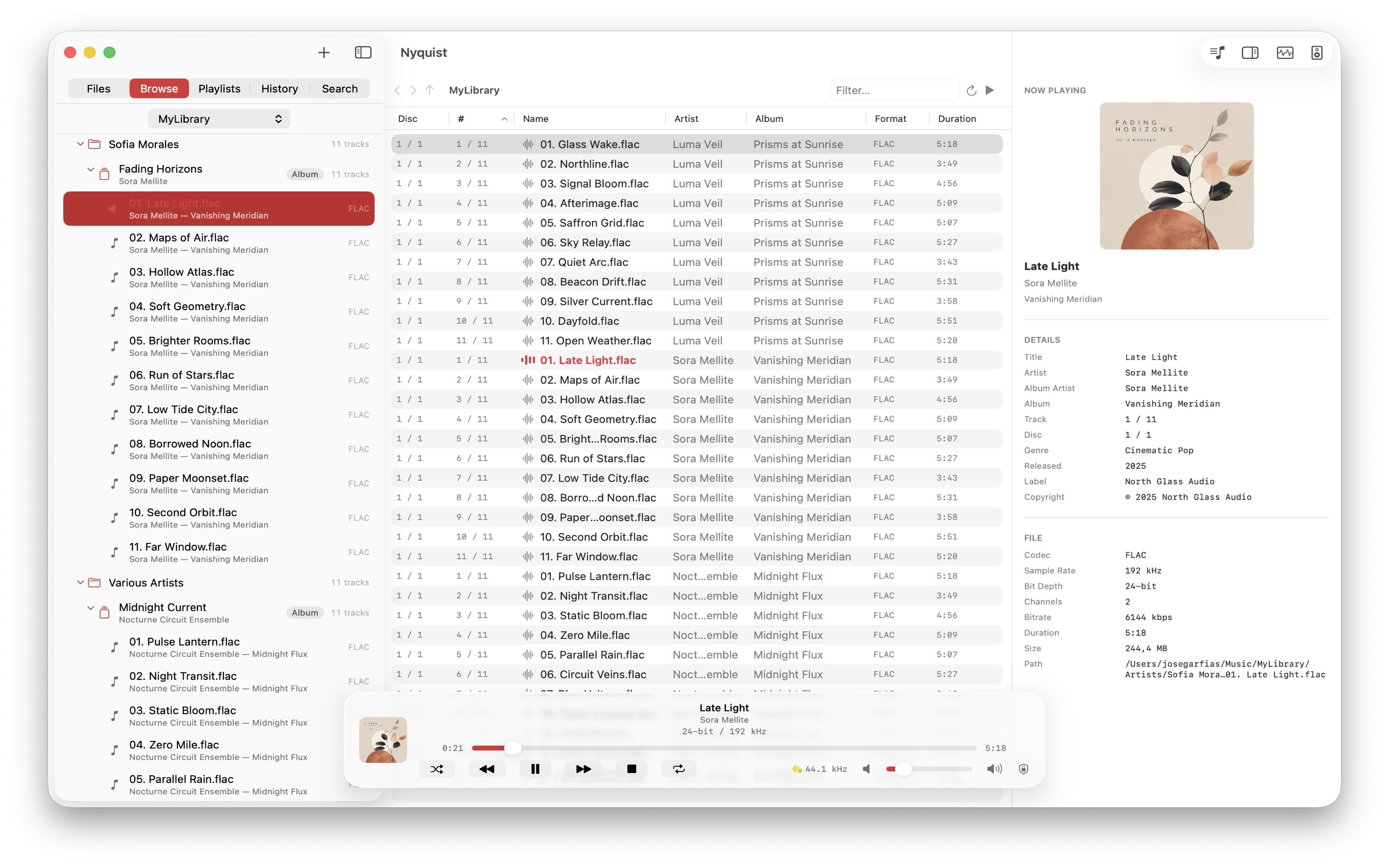 Nyquist on macOS now-playing view with cover art and complete metadata for the current track.