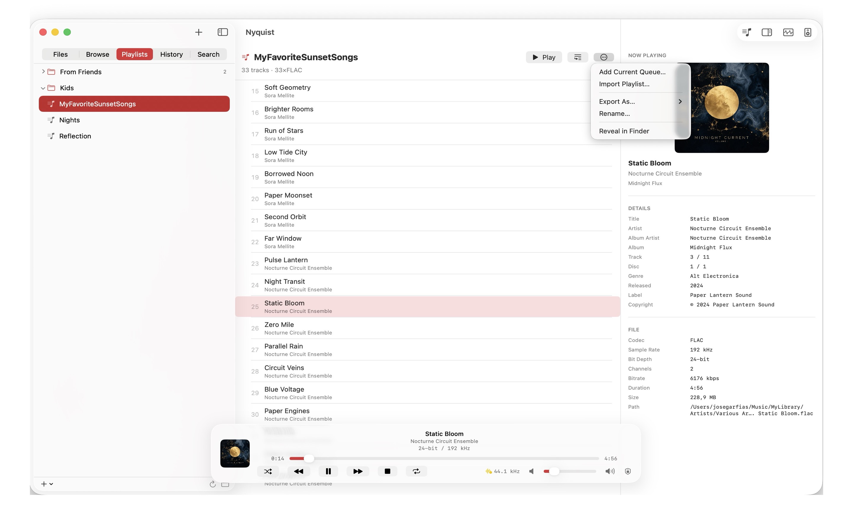 Nyquist on macOS showing a playlist of tracks with the export and import menu open.