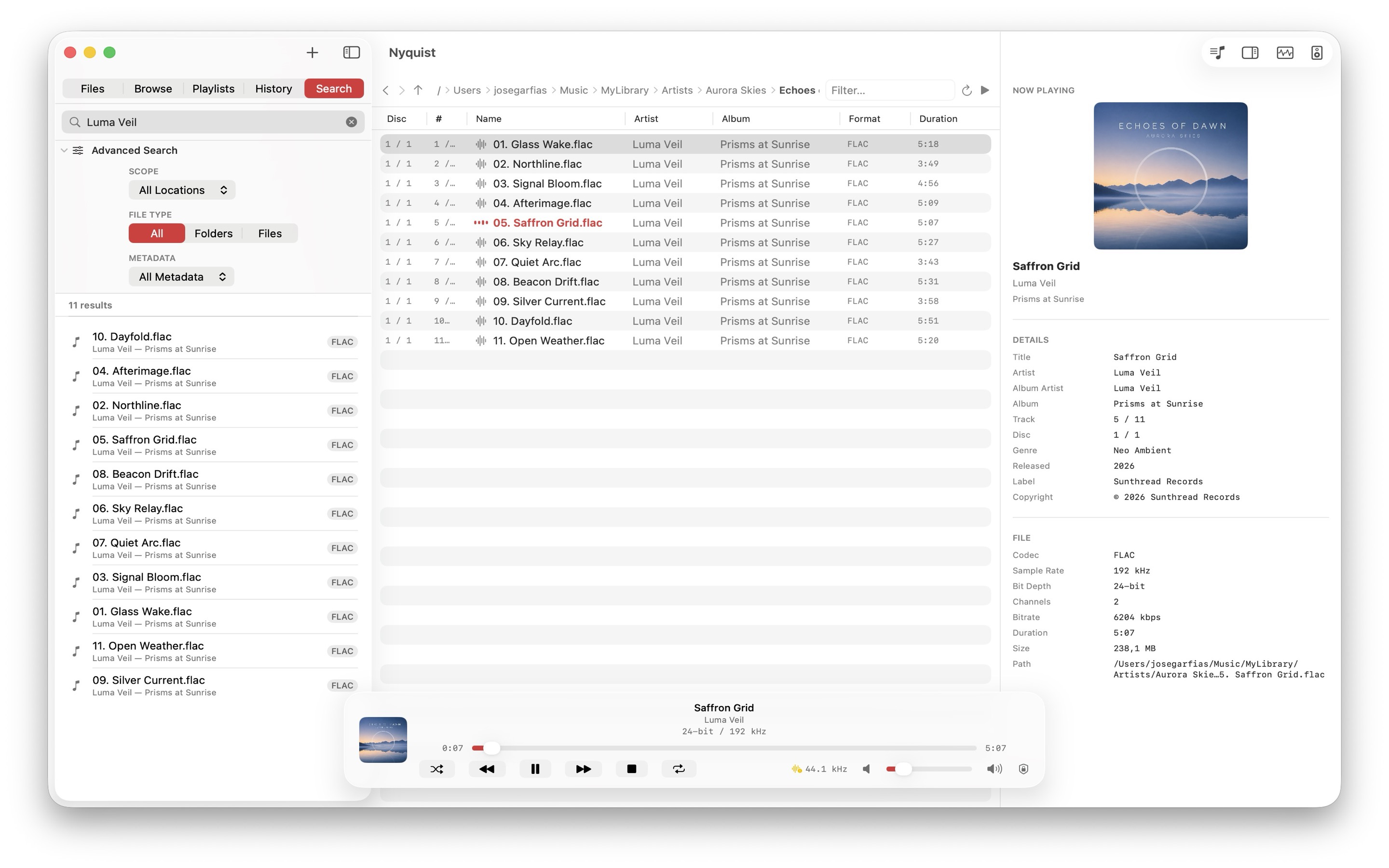 Nyquist on macOS search view with results across saved locations and filters by file type and metadata field.