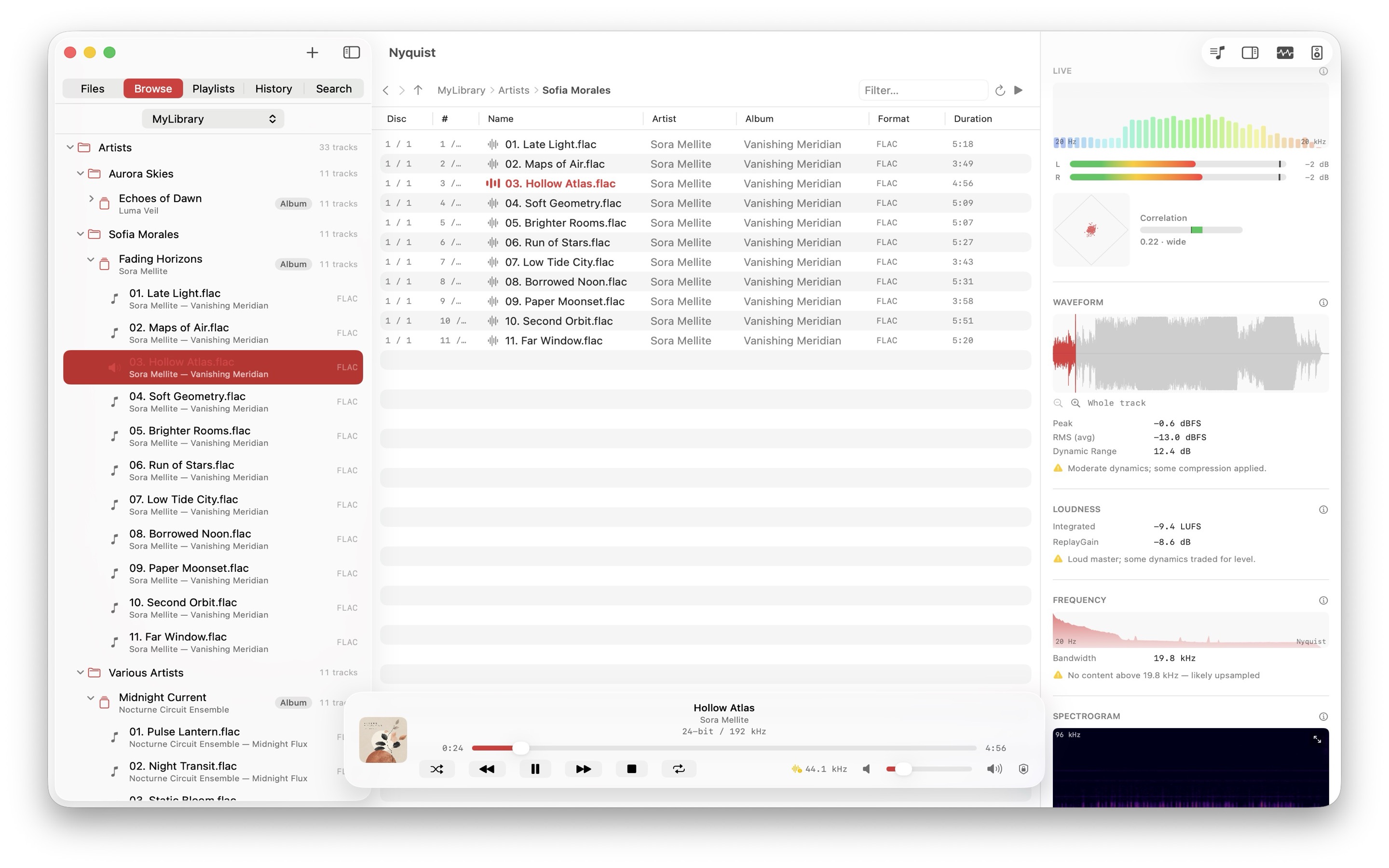 Nyquist on macOS track-analysis pane with a whole-track waveform, loudness and ReplayGain readouts, a long-term spectrum, and a spectrogram.