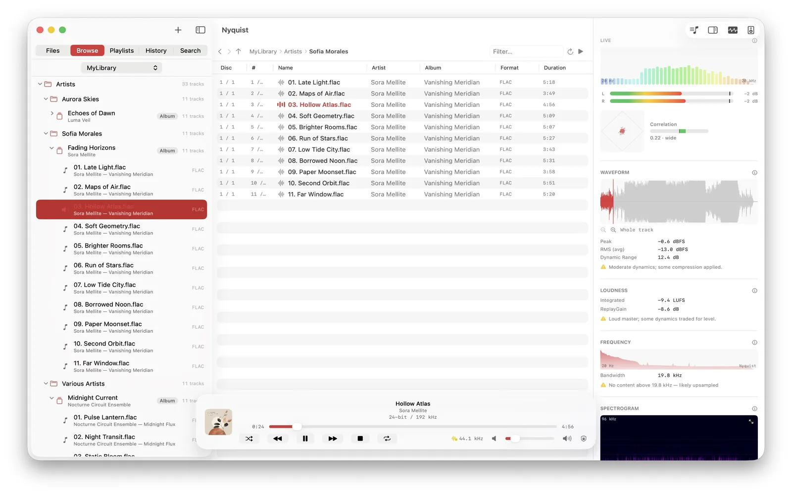 Nyquist on macOS track-analysis pane with a whole-track waveform, loudness and ReplayGain readouts, a long-term spectrum, and a spectrogram.