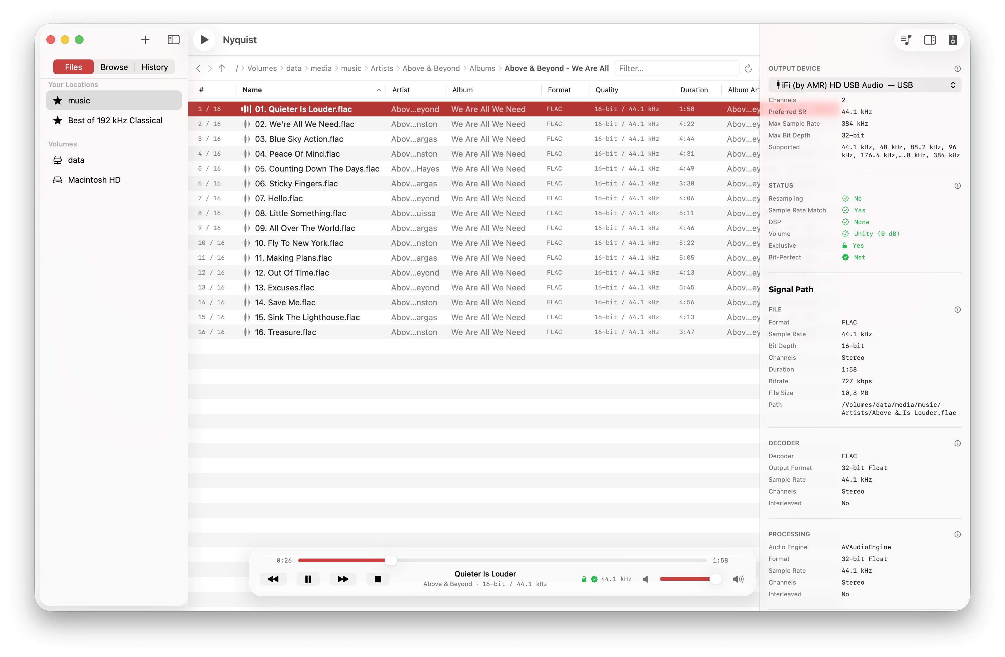 Nyquist on macOS showing an album track list of FLAC files with the live signal-path inspector reporting bit-perfect output to a USB DAC.