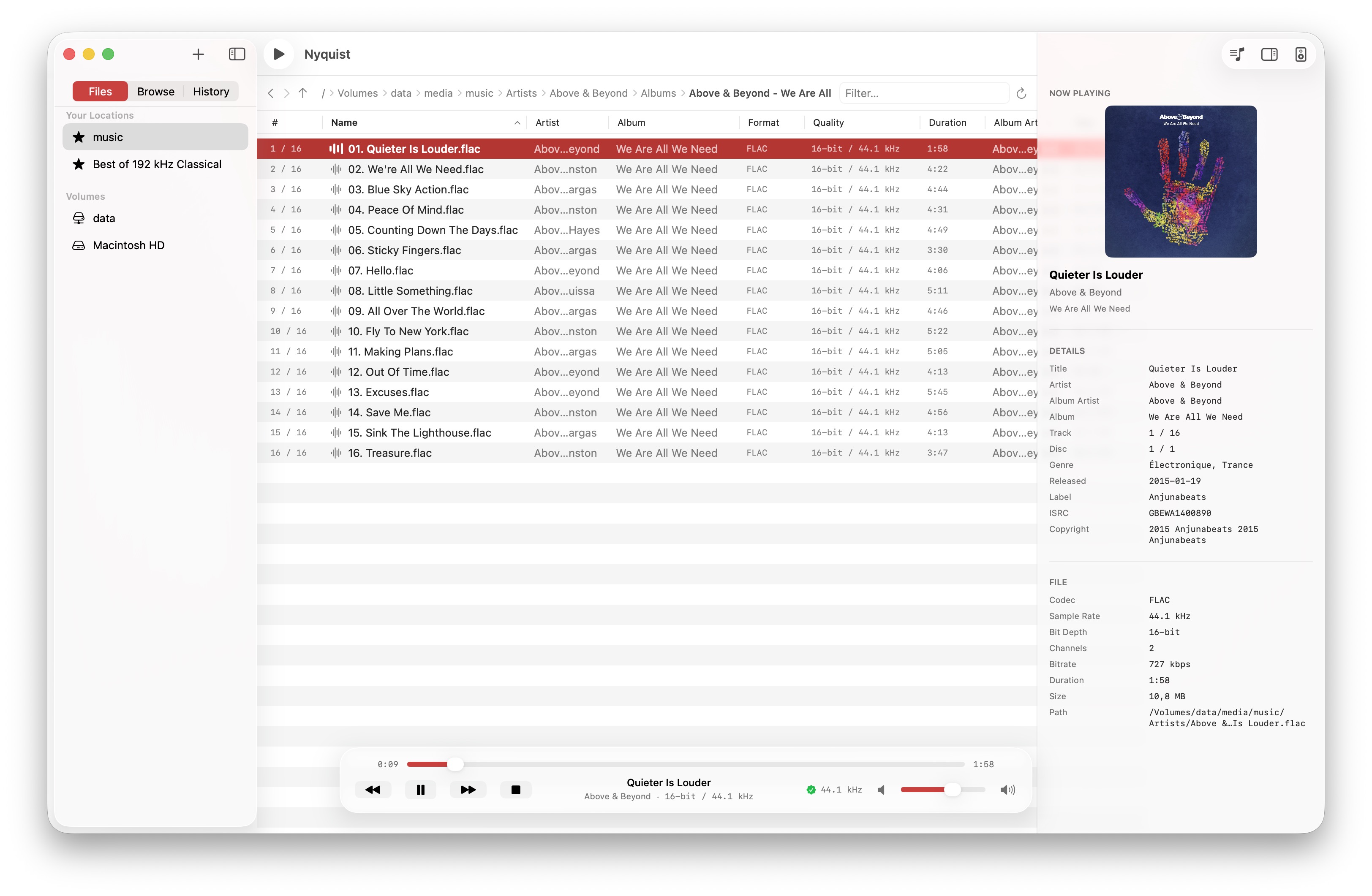 Nyquist now-playing inspector showing cover art and full metadata including title, artist, album, genre, label, and codec details.